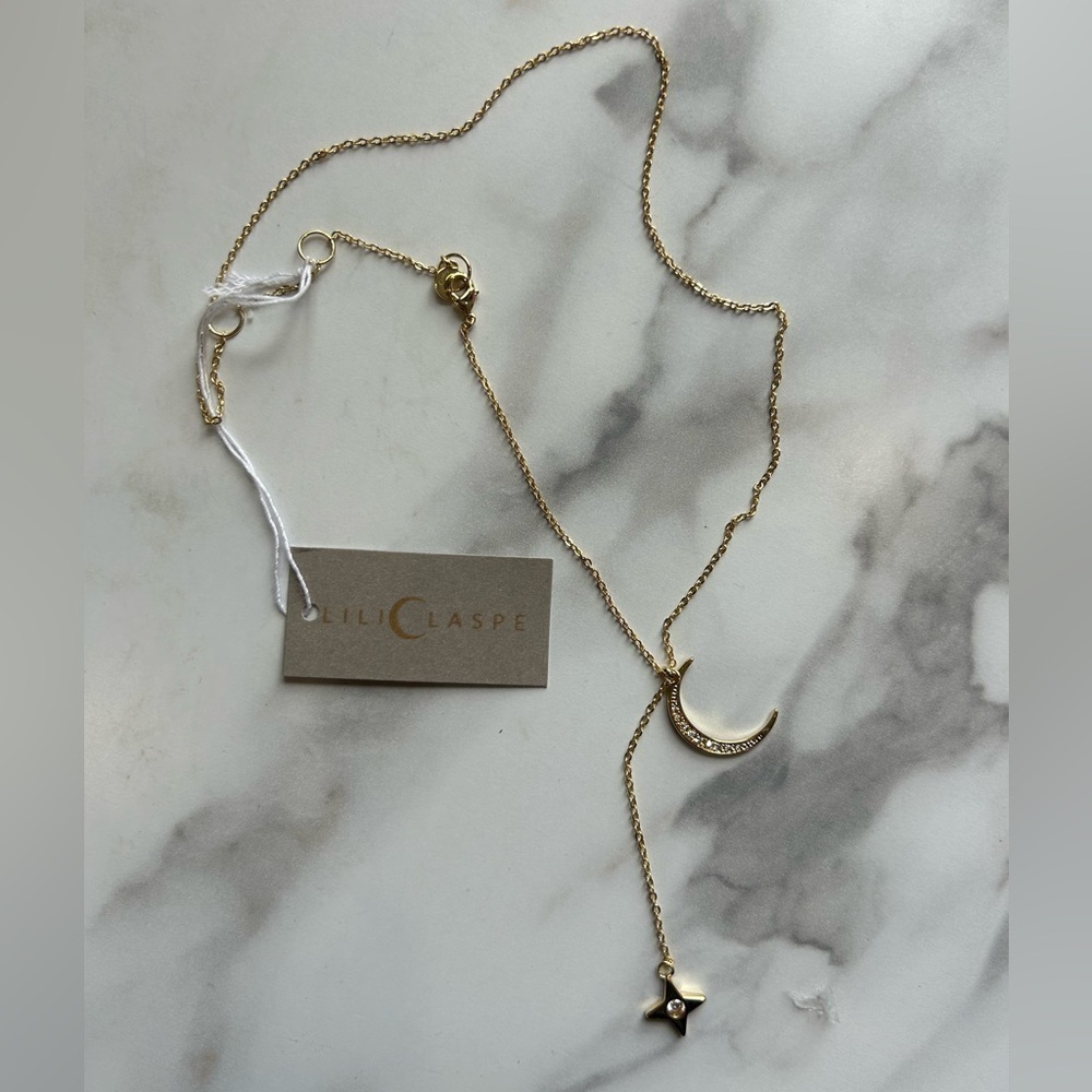 Lili Claspe Rope the Moon Star Lariat Chain Necklace Gold Tone 16 to 18 in NEW